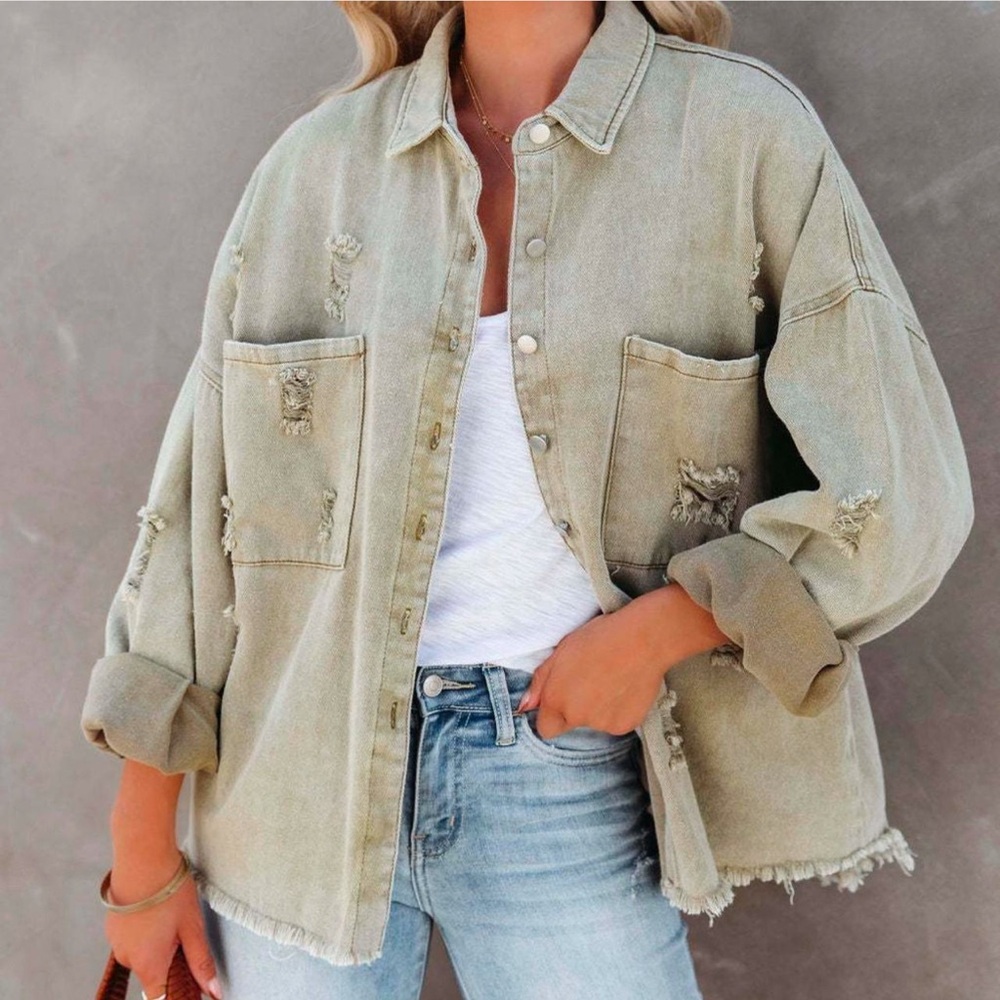 Brand New Olive Green LightWash Distressed Denim Jacket- MULTIPLE SIZES AVAIL.